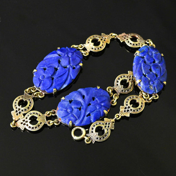 Art Deco 14K Gold Pierced Carved Lapis Lazuli Bracelet - Boylerpf