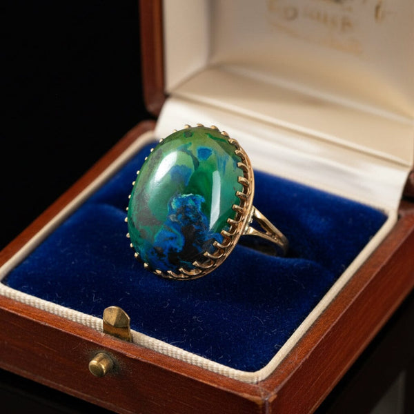 Vintage 14K Gold Azurite Malachite Cabochon Statement Ring - Boylerpf