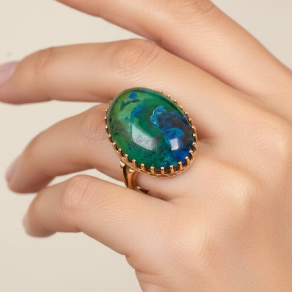 Vintage 14K Gold Azurite Malachite Cabochon Statement Ring - Boylerpf