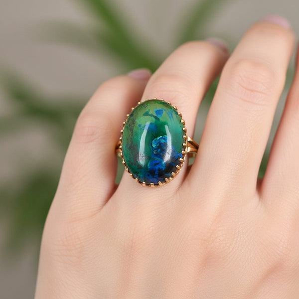 Vintage 14K Gold Azurite Malachite Cabochon Statement Ring - Boylerpf