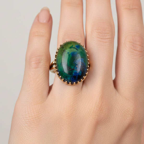 Vintage 14K Gold Azurite Malachite Cabochon Statement Ring - Boylerpf
