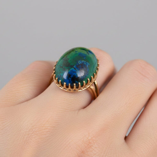 Vintage 14K Gold Azurite Malachite Cabochon Statement Ring - Boylerpf