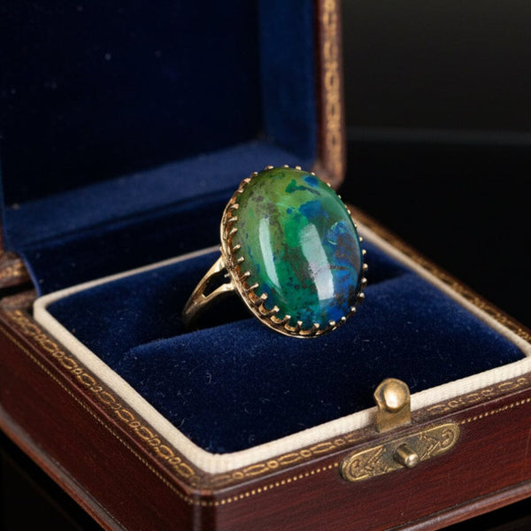 Vintage 14K Gold Azurite Malachite Cabochon Statement Ring - Boylerpf