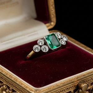 Art Deco Emerald Diamond Ring, 14K Gold Platinum - Boylerpf