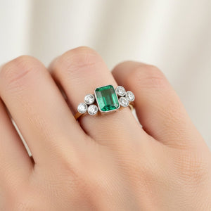 Art Deco Emerald Diamond Ring, 14K Gold Platinum
