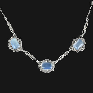 Art Deco Silver Marcasite Natural Moonstone Necklace - Boylerpf