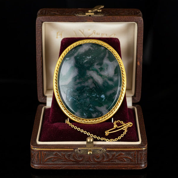 Antique Moss Agate Brooch Pendant Gold Wrapped Frame - Boylerpf