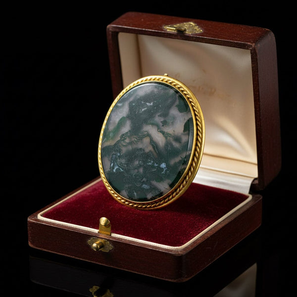 Antique Moss Agate Brooch Pendant Gold Wrapped Frame - Boylerpf