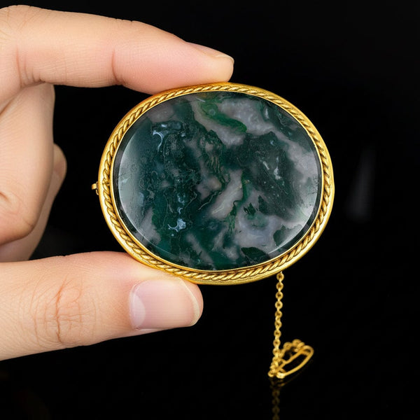 Antique Moss Agate Brooch Pendant Gold Wrapped Frame - Boylerpf