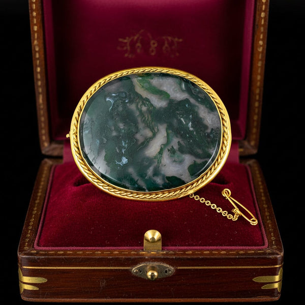 Antique Moss Agate Brooch Pendant Gold Wrapped Frame - Boylerpf