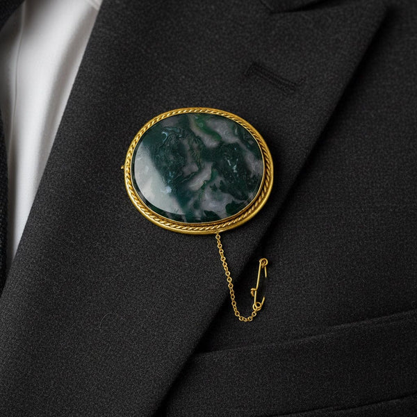 Antique Moss Agate Brooch Pendant Gold Wrapped Frame - Boylerpf