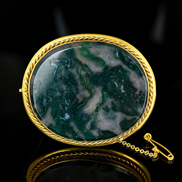Antique Moss Agate Brooch Pendant Gold Wrapped Frame - Boylerpf