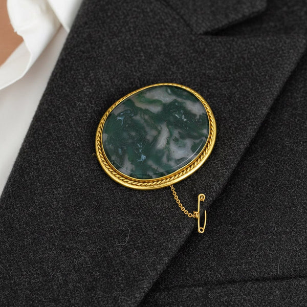 Antique Moss Agate Brooch Pendant Gold Wrapped Frame - Boylerpf