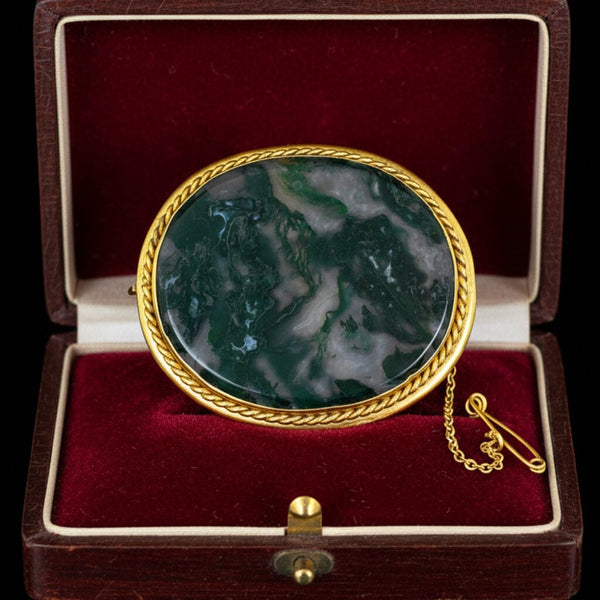 Antique Moss Agate Brooch Pendant Gold Wrapped Frame - Boylerpf