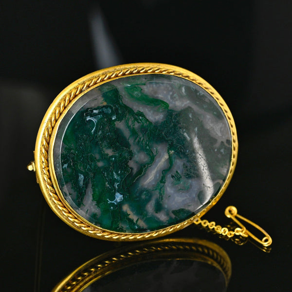 Antique Moss Agate Brooch Pendant Gold Wrapped Frame - Boylerpf