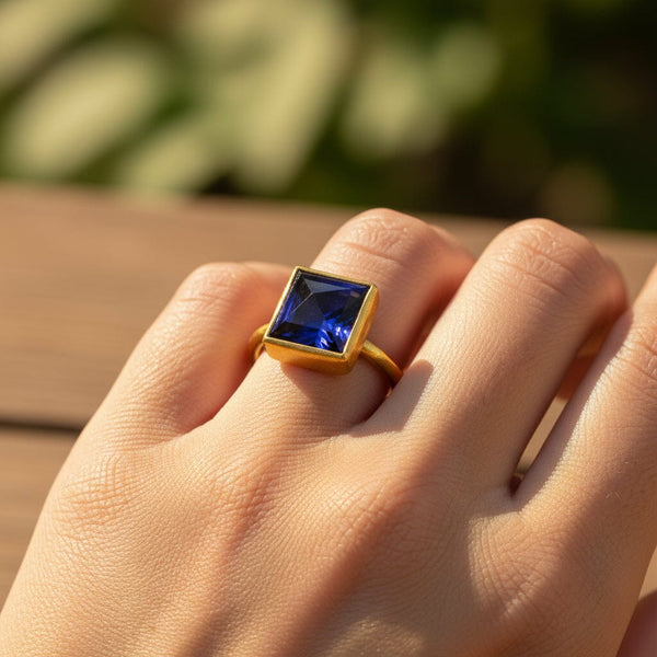 24K Gold Egyptian Princess Cut Pyramid Iolite Ring - Boylerpf