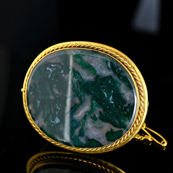Antique Moss Agate Brooch Pendant Gold Wrapped Frame - Boylerpf