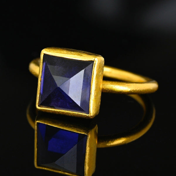 24K Gold Egyptian Princess Cut Pyramid Iolite Ring - Boylerpf