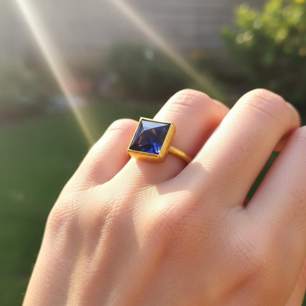 24K Gold Egyptian Princess Cut Pyramid Iolite Ring - Boylerpf