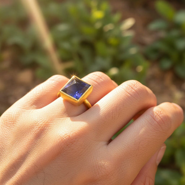 24K Gold Egyptian Princess Cut Pyramid Iolite Ring - Boylerpf