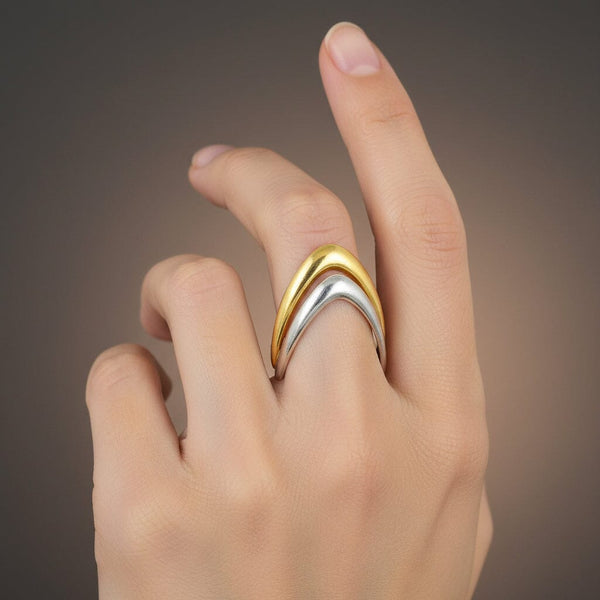 Italian 18K Yellow & White Gold Chevron Wishbone Ring