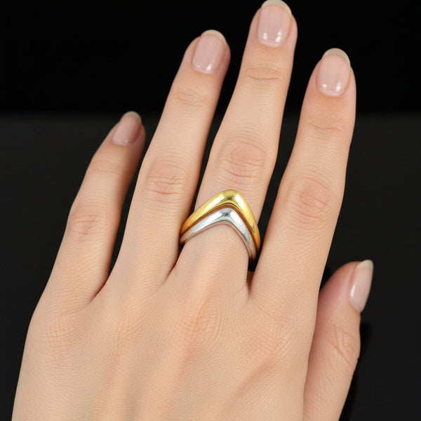 Italian 18K Yellow & White Gold Chevron Wishbone Ring