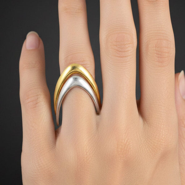 Italian 18K Yellow & White Gold Chevron Wishbone Ring