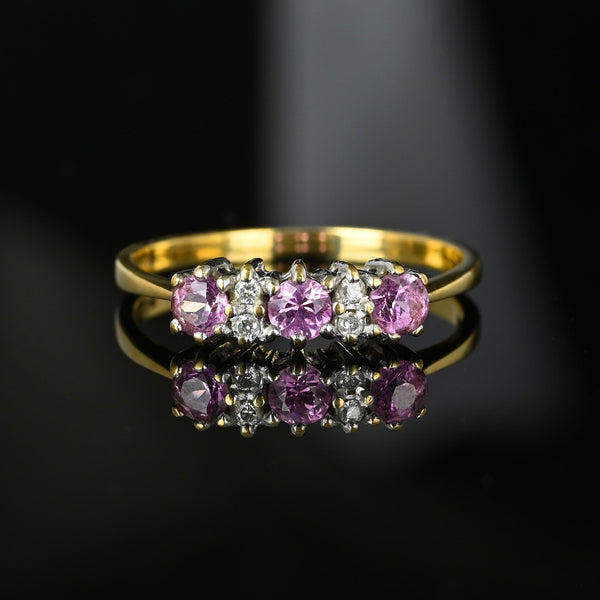 Vintage Gold Three Stone Pink Sapphire Diamond Ring - Boylerpf