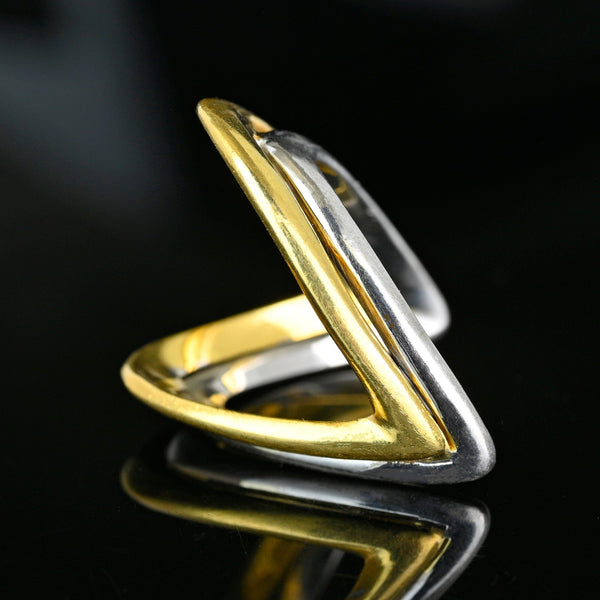 Italian 18K Yellow & White Gold Chevron Wishbone Ring