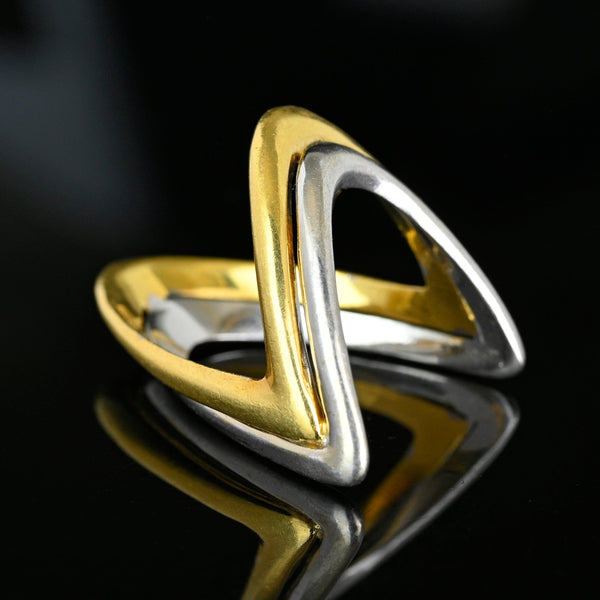 Italian 18K Yellow & White Gold Chevron Wishbone Ring
