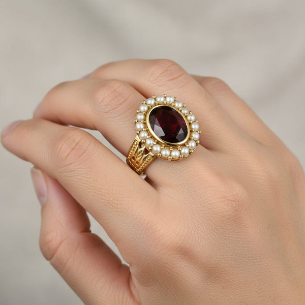 Exceptional 14K Gold Pearl Halo Cluster Garnet Ring - Boylerpf