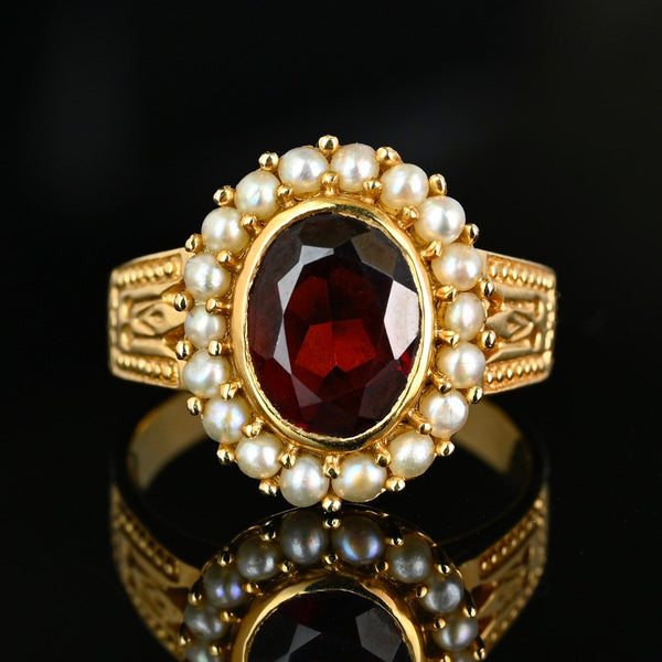 Exceptional 14K Gold Pearl Halo Cluster Garnet Ring - Boylerpf
