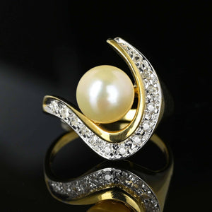 Vintage 14K Gold Diamond Swirl Pearl Cocktail Ring - Boylerpf