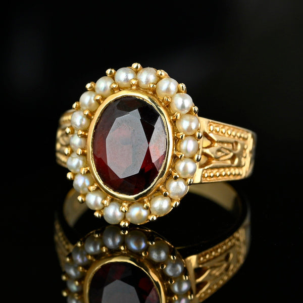 Exceptional 14K Gold Pearl Halo Cluster Garnet Ring - Boylerpf