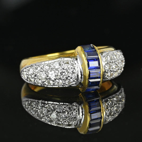 Vintage 18K Gold Roll Top Sapphire Diamond Ring Band