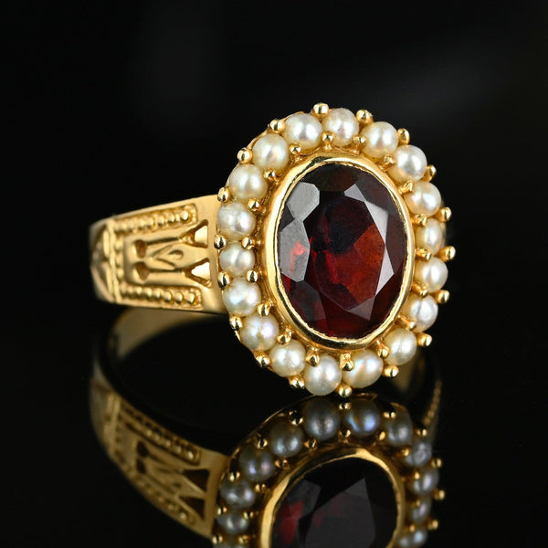 Exceptional 14K Gold Pearl Halo Cluster Garnet Ring - Boylerpf