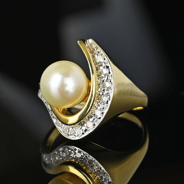 Vintage 14K Gold Diamond Swirl Pearl Cocktail Ring - Boylerpf