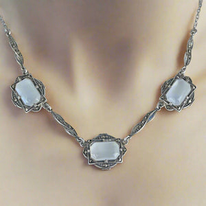 Art Deco Silver Marcasite Natural Moonstone Necklace - Boylerpf