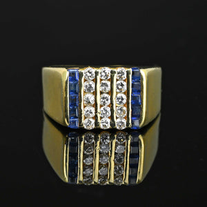 Signet Style Three Row Diamond Sapphire Ring 14K Gold - Boylerpf