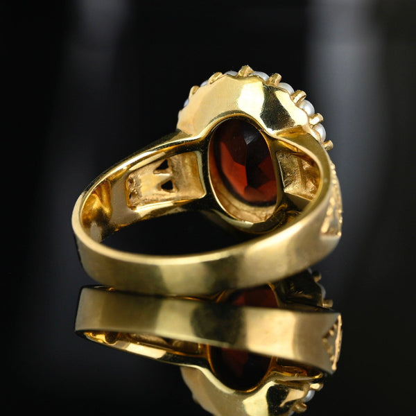 Exceptional 14K Gold Pearl Halo Cluster Garnet Ring - Boylerpf