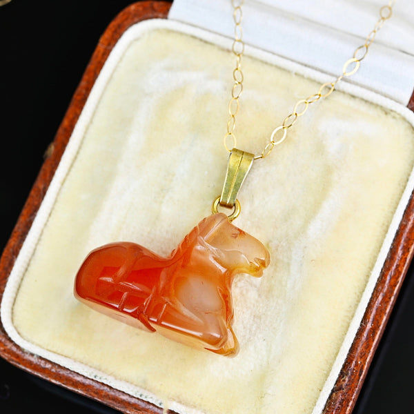 Vintage 9K Gold Carved Horse Carnelian Pendant Necklace - Boylerpf