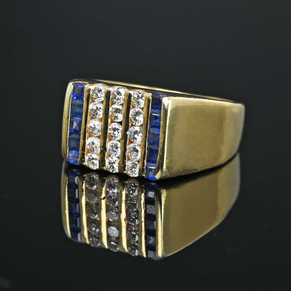Signet Style Three Row Diamond Sapphire Ring 14K Gold - Boylerpf
