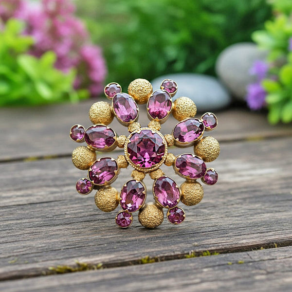 Antique 15K Gold Floral Cluster Amethyst Brooch - Boylerpf