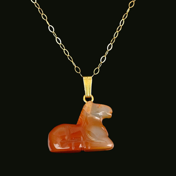 Vintage 9K Gold Carved Horse Carnelian Pendant Necklace - Boylerpf