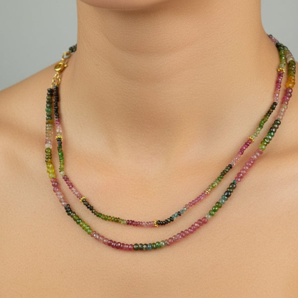Natural Tourmaline Double Strand Necklace, 14K Gold