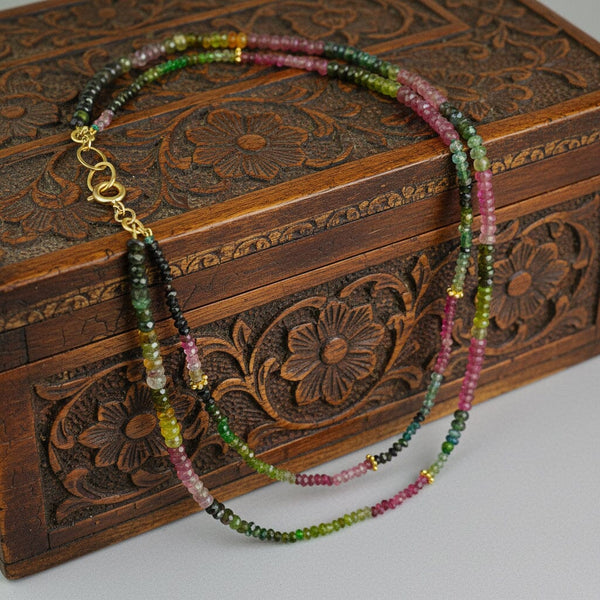 Natural Tourmaline Double Strand Necklace, 14K Gold
