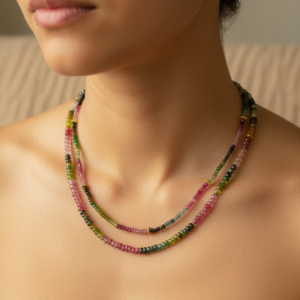 Natural Tourmaline Double Strand Necklace, 14K Gold