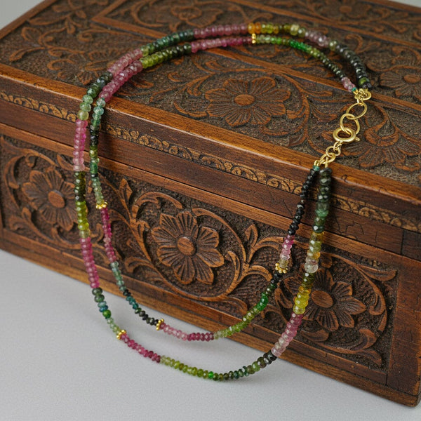 Natural Tourmaline Double Strand Necklace, 14K Gold