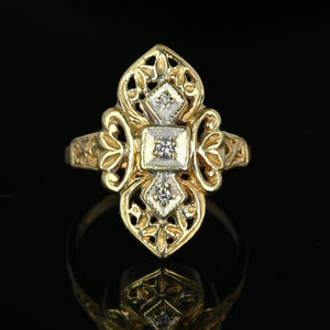 Vintage Two Tone Gold Floral Filigree Diamond Shield Ring - Boylerpf