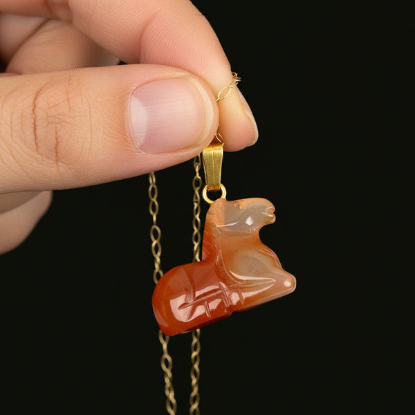 Vintage 9K Gold Carved Horse Carnelian Pendant Necklace - Boylerpf
